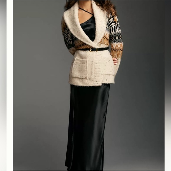 NWT Anthropologie Holiday Fairisle open Front Shawl Collar Cardigan Sz L NWT - Picture 3 of 16